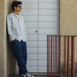 Hadley Linen Overshirt - Beige/Blue Stripe 9 Hadley Linen Overshirt - Beige/Blue Stripe -Fashion Menswear Store HadleyLinenOvershirt BeigeBlueStripe03