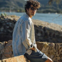 Hadley Linen Overshirt - Beige/Blue Stripe 10 Hadley Linen Overshirt - Beige/Blue Stripe -Fashion Menswear Store HadleyLinenOvershirt BeigeBlueStripe04