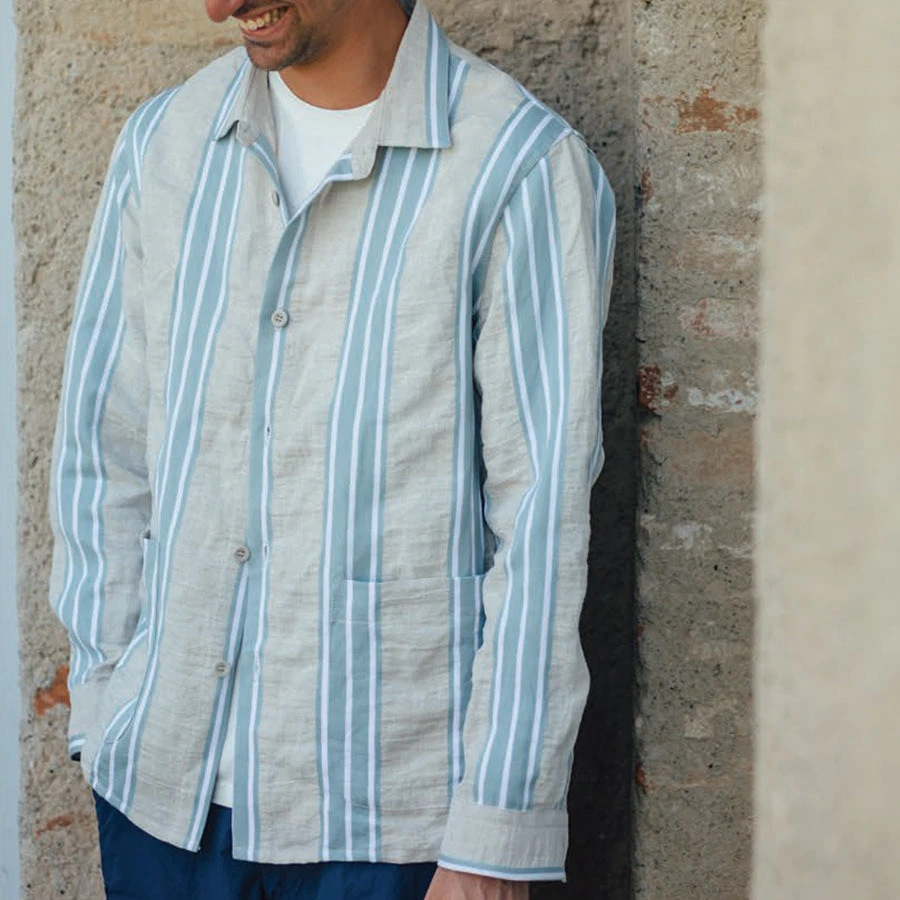 Hadley Linen Overshirt - Beige/Blue Stripe 7 Hadley Linen Overshirt - Beige/Blue Stripe - Image 5