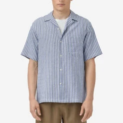 Jacquard Stripe Short-Sleeve Vacation Shirt - Chambray -Fashion Menswear Store JACQUARD CHAMBRAY 2057