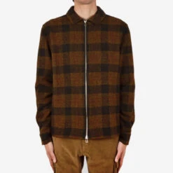 Wool Zip-Up Overshirt - Brown Plaid -Fashion Menswear Store WoolZip UpOvershirt BrownPlaid05